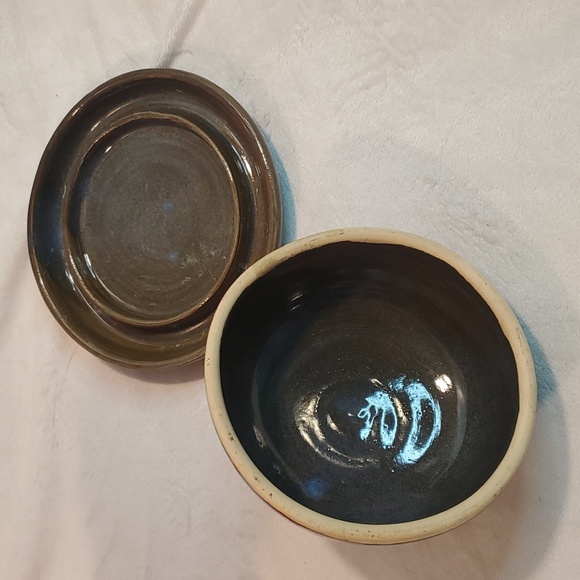 Hand made Pottery butter dish cheese dish blue green coloring - Picture 2 of 6